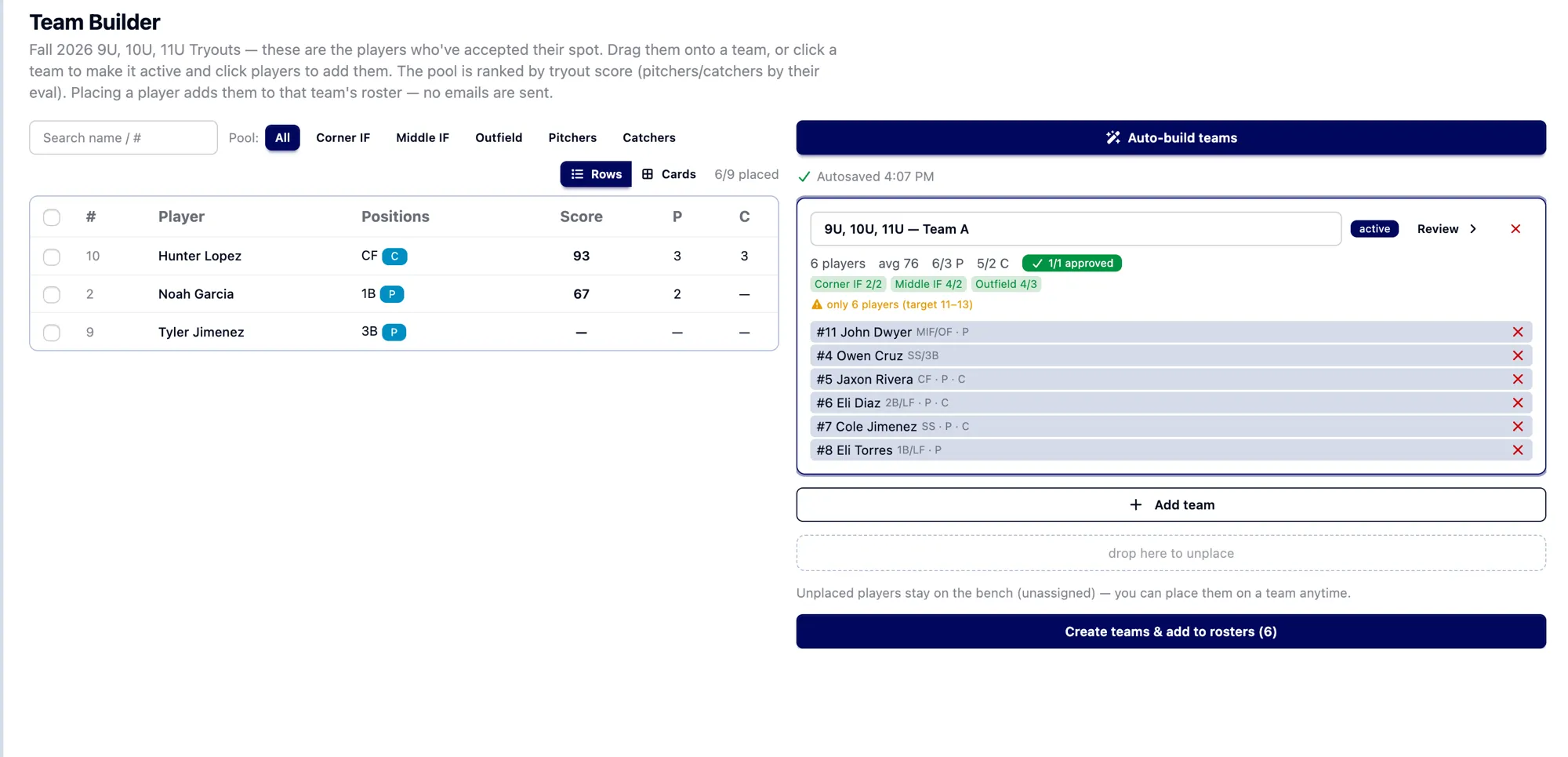 Team Builder in OrangeSlice Sport showing a score-ranked player pool and team rosters with live position balance