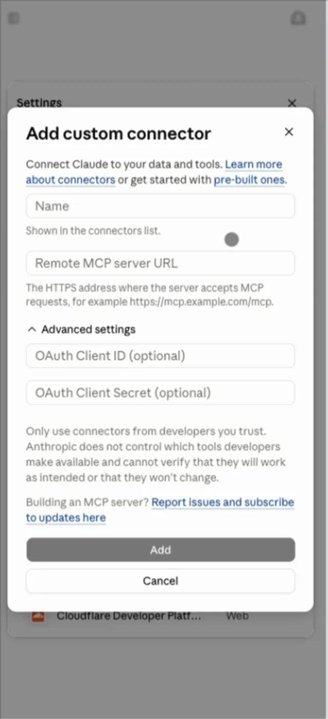 The Add custom connector dialog, with empty Name and Remote MCP server URL fields