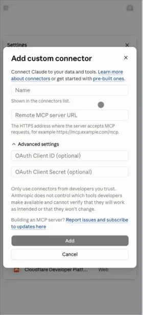 The Add custom connector dialog, with empty Name and Remote MCP server URL fields