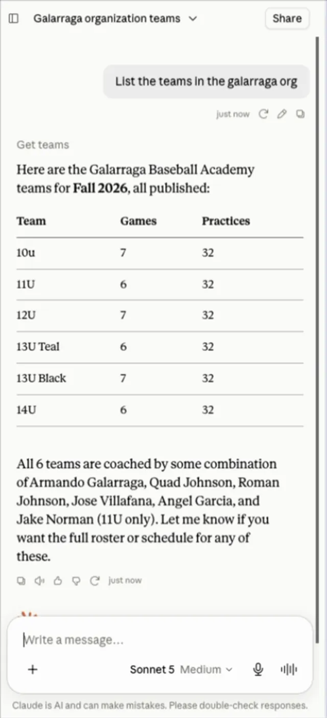 Claude answering a real question about an organization's teams, straight from OrangeSlice data