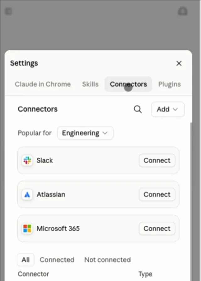 Claude's Connectors settings page, with the Add button in the top right