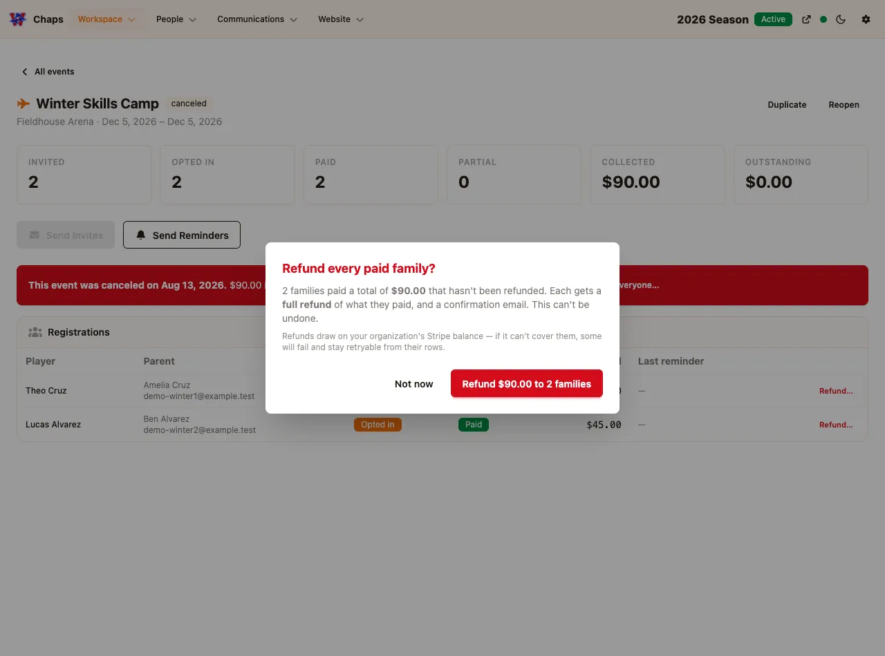 Refund everyone confirmation showing the exact family count and dollar total
