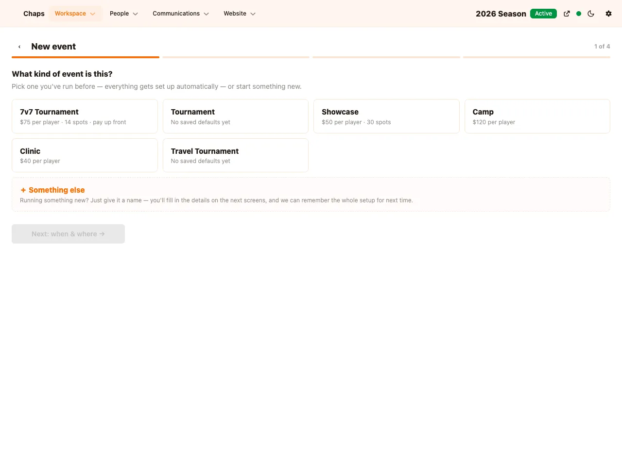 Choosing a saved event type in the setup wizard