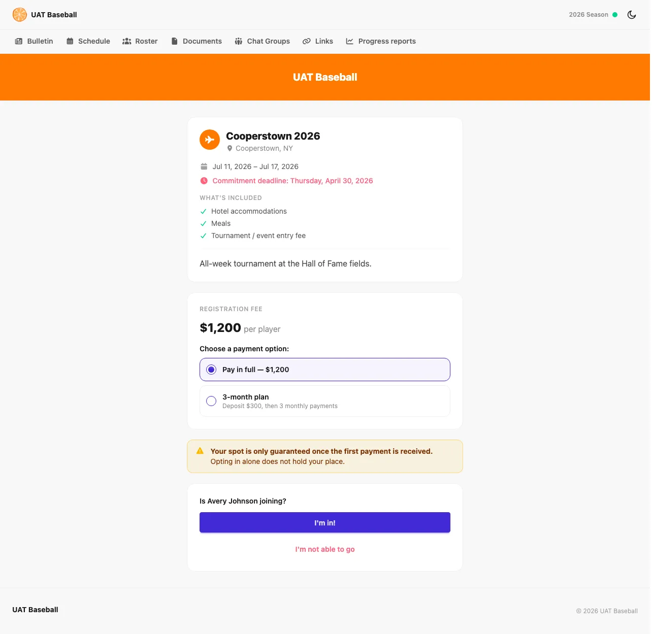 Public travel-event invite page with itinerary, inclusions, and opt-in in OrangeSlice Sport